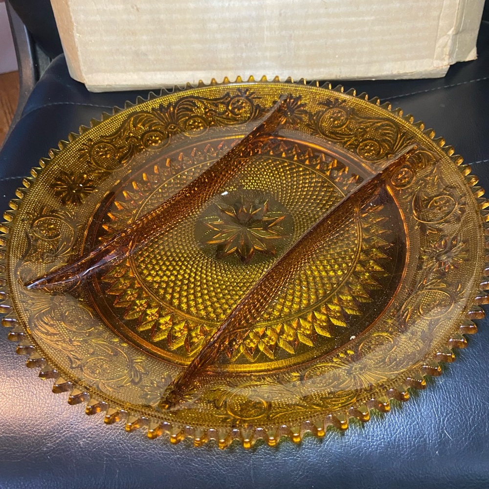 NIB Vintage 12" Tiara Exclusive Indiana Amber Glass Divided Relish Serving Plate